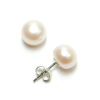 Sterling Silver 8x8.5mm White Freshwater Cultured Pearl Button Stud Earrings