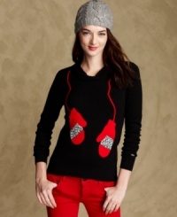 What could be cuter than intarsia mittens knit right in? Tommy Hilfiger's hoodie sweater is a holiday classic in the making.