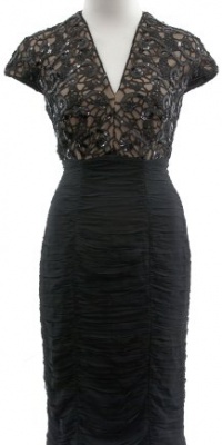 Tadashi Shoji Black Nude Sequined Lace Ruch Cocktail Dress 2