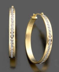 Bold style with a sparkling center. Diamond-accent hoop earrings in 14k gold. Approximate diameter: 1 inch.