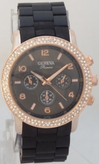 Geneva Quartz Chronograph Look Rose Gold N Black ceramic-style With Rhinestones