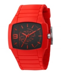 Devilishly fun. Stir up trouble with this candy apple red watch by Diesel. Red silicone strap and square red silicone-plated stainless steel case, 48x43mm. Black dial features applied red stick indices, minute track, numeral at nine o'clock, military time, three hands and logo. Quartz movement. Water resistant to 50 meters. Two-year limited warranty.