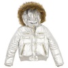 Rothschild Girls Faux Fur Trim Hooded Motorcycle Jacket - Pearlized Tan (Small)