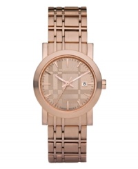 This Burberry watch features a check-inspired rose gold ion-plated stainless steel bracelet and round case. Rose gold tone dial with check pattern features applied stick indices, minute track, date window at three o'clock, three hands and logo. Swiss made. Quartz movement. Water resistant to 50 meters. Two-year limited warranty.