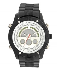 Meet any challenge with this strapping watch by Unlisted. Black rubber and plastic strap and round black-plated mixed metal case. White dial features tachymeter scale, stick indices, digital subdials, luminous hour and minute hands and red second hand. Quartz movement. Splash resistant. Two-year limited warranty.