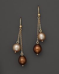 Richly hued champagne and chocolate pearls dangle from 14K. yellow gold chains.