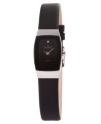 A sleek, modern watch with unassuming femininity and sophistication. Black leather strap. Silvertone stainless steel rectangular case and black rectangular dial with logo and crystal accent. Quartz movement. Water resistant to 30 meters. Limited lifetime warranty.