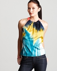 Vivid bursts of color saturate the sleek silhouette of this T Tahari blouse, while a neon halterneck pulls the elements together for a graphic statement.