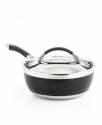 This Anolon saucier impresses with superb materials and sloping sides to help whisk sauces and other liquid ingredients. Three layers of metal compose the exceptional body: a thick inner core of quick and even heating aluminum is sandwiched between gleaming stainless steel. Limited lifetime warranty.