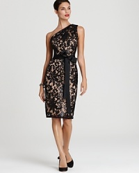 Sequin covered lace lends a luxe look to this Tadashi Shoji dress, finished with a grosgrain sash for a flattering fit.