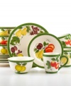 Ripe for the taking, the Desirah dinnerware set freshens your table with apples, pears, and other juicy finds from the orchard. With a country feel and beaded green trim in casual earthenware. By Tabletops Unlimited.