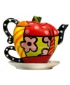 Pop art turned teapot. Stacked with the vivid colors and bold patterns of Brazilian pop artist Romero Britto, this big apple tea set serves it's purpose at the table and on display.