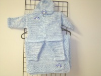 Cpk44bk, Knitted on Hand Knitting Machine Then Finished By Hand Crochet Infant Boys Outfit, Containing Blue Chenille with Denim Cotton Tweed Cardigan Sweater, Hat Set and Matching Blanket Trimmed with Monogram Letter