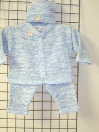 Cpk44, Knitted on Hand Knitting Machine Then Finished By Hand Crochet Infant Boys Outfit, Containing Blue Chenille with Denim Cotton Tweed Cardigan Sweater, Hat Set Trimmed with Monogram Letter