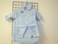 Cpk43, Knitted on Hand Knitting Machine Then Finished By Hand Crochet Infant Boys Outfit, Containing Blue Chenille with Denim Cotton Tweed Cardigan Sweater, Hat Set Trimmed with Star American Flag and Matching Blanket