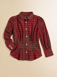 Crafted from ultra-soft brushed cotton, an adorable plaid shirt is given a girly update with pintuck detailing.Club collarLong sleeves with buttoned barrel cuffsButton-frontGathered and pintucked waistShirttail hemCottonMachine washImported Please note: Number of buttons may vary depending on size ordered. 