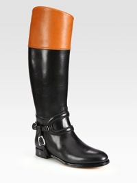 Supple leather in contrasting tones form this equestrian-inspired silhouette, finished with polished buckle straps. Stacked heel, 1 (25mm)Shaft, 16½Leg circumference, 14½Leather upperLeather lining and solePadded insoleMade in ItalyOUR FIT MODEL RECOMMENDS ordering one half size up as this style runs small. 