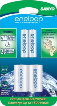 Sanyo NEW 1500 eneloop 2-AA Ni-MH Pre-Charged Rechargeable Batteries with C Spacer