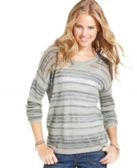 A striped sweater that shines. Say What?'s long sleeve metallic-flecked pullover is cozy and casual, with a shot of pizzazz.