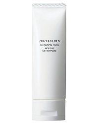 Shiseido Men Cleansing Foam. A highly effective daily-use face cleanser that removes dirt and excess oil while respecting vital moisture. Leaves skin exceptionally fresh without feeling tight or dry. Recommended for all skin types. Use morning and night.