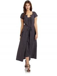 THE LOOKRound necklineShort cuffed sleevesOpen frontDrawstring tie waistFront patch pocketsTonal tank dress underlayTHE FITAbout 54 from shoulder to hemTHE MATERIALCottonFully linedCARE & ORIGINHand washImportedModel shown is 5'9½ (176cm) wearing US size 4. 