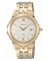 A luxurious pale goldtone and fine details distinguish this men's watch from Seiko. White round dial with textured center and date display. Quartz movement. Water resistant to 50 meters. Three-year limited warranty.