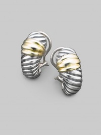 From the Thoroughbred Collection. A textured shrimp shape gleams with the richness of sterling silver and 14k gold. Sterling silver and 14k yellow gold Length, about 1 Post-and-hinge back Imported