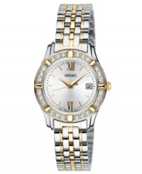 This stunning Seiko watch is embellished with shimmering Swarovski accents and golden tones.