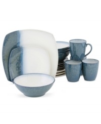 Contemporary cool. The Metallic Blue dinnerware set from Sango combines softly squared plates with simple bowls and mugs to create a look of effortless everyday style.