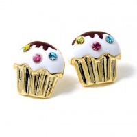 Juicy Inspired 1/2'' Flat Gold Cupcake Stud Earrings with Sparkling Rainbow Crystals