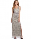 BCBGMAXAZRIA Women's Nadir V-Neck Metallic Lace Gown, Silver, 4