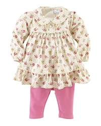 A sweet set pairs a floral-print, ruffle-trimmed tunic with an essential stretch cotton jersey legging for a darling look. The floral-print tunic has a ruffle-trimmed Peter Pan collar, a faux three-button placket, long sleeves, pleated yokes and a dainty ruffled hem. The stretch legging has an elasticized waistband for easy on and off, and a sewn hem.