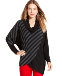 Style&co.'s sweater features striped detail and an asymmetrical tulip hem for a fashion-forward look.