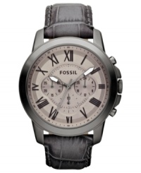 A ruggedly styled Grant collection watch from Fossil with dusky touches that perfectly complement the rich leather strap.