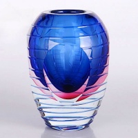 Hand Blown Blue & Pink Sommerso Oval Art Glass Vase with Polished Stripes 5.5 tall