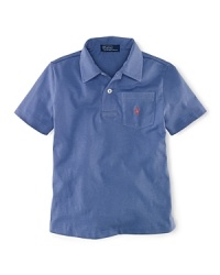 A short-sleeved polo is rendered in soft jersey-knit cotton for a classic look.