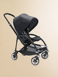 Light and sleek, compact and convenient, the Bee is flexible and car seat adaptable, designed to accommodate children from newborns through toddlers. What you get: Lightweight aluminum chassis on wheelsWashable 600-dernier nylon seat unitRain coverUnderseat storage basket What it does:Compact