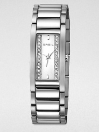 Sleek lines and pared-down details give this brushed stainless steel watch with Swarovski crystals an Art Deco elegance.Quartz movementWater resistant to 3 ATMStainless steel rectangular case, 20mm wide (.79)Smooth bezelSilver sunray dial with clear crystalsStainless steel bar hour markersSecond handBrushed and polished link braceletImported