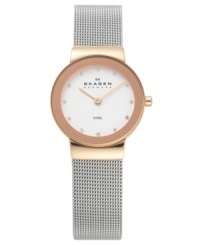 Steel and rose gold create a stunning combination on this lovely watch by Skagen Denmark. Stainless steel mesh bracelet and round rose gold tone case. Silver tone dial features Swarovski elements at markers, two rose gold tone hands and logo. Quartz movement. Water resistant to 30 meters. Limited lifetime warranty.