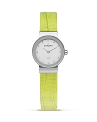 Add a sleek shot of color to your look with this watch from Skagen. Accented by a bold yellow leather band, it boasts an understated silhouette and advanced Japanese quartz movement for the perfect fusion of form and function.