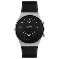 Skagen Midsize 733XLSLB Steel Collection Dual Time Black Leather Watch