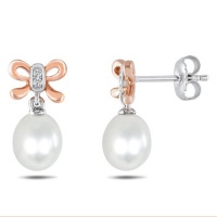 Sterling Silver and Rose Gold Plated Freshwater Cultured Pearl and Diamond Earrings