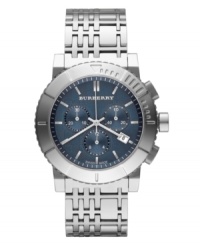 This Burberry timepiece features a check-inspired stainless steel bracelet and round case. Blue chronograph dial with check pattern features silver tone stick indices, minute track, date window, three subdials, three hands and logo. Swiss quartz movement. Water resistant to 100 meters. Two-year limited warranty.