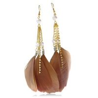 Light Brown Feather, Pearl, and Rhinestone Dangle Earrings, 5 1/2 Inches, CLEARANCE PRICED, LIMITED QUANTITY AVAILABLE