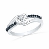 Platinum Plated Sterling Silver Round Diamond Black And White Heart Promise Ring (1/10 cttw)