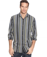 The stripes on this shirt from Tommy Bahama will ensure that your casual style will be all lined up.