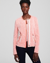 Modern and refined at the same time, this Rebecca Taylor neon tweed jacket flaunts white leather pull tabs and fringe trim throughout the silhouette for a touch of retro luxury.