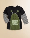 An adorable alien announces I Come in Peace, appliquéd on the front of a fun tee with layered-look sleeves.Ribbed crewneckLong sleeves with layered look stripesFront appliquéd designCottonMachine washImported