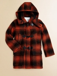 Featuring a bold check print, leather toggle closure and a detachable hood, this plush wool-blend topper is a cold-weather must-have.Detachable hoodShirt collarLong sleevesFront toggle closureFront slash pocketsFront flap patch pocketsFully lined80% wool/10% mohair/10% nylonDry cleanImported Please note: Number of buttons may vary depending on size ordered. 