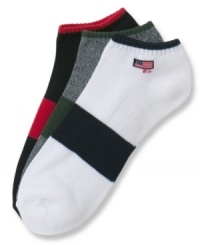 3 pack ped socks in assorted colors by Polo Ralph Lauren with ribbed ankle cuffs to hold them in place.